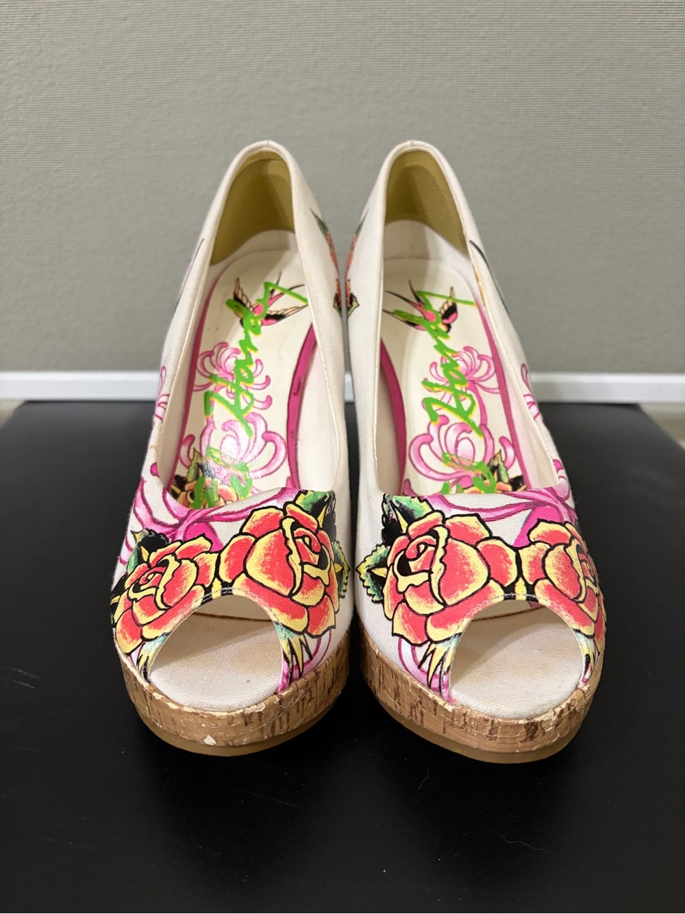Ed Hardy Cream Cork Peep-Toe Wedges with Pink & Yellow Floral Roses